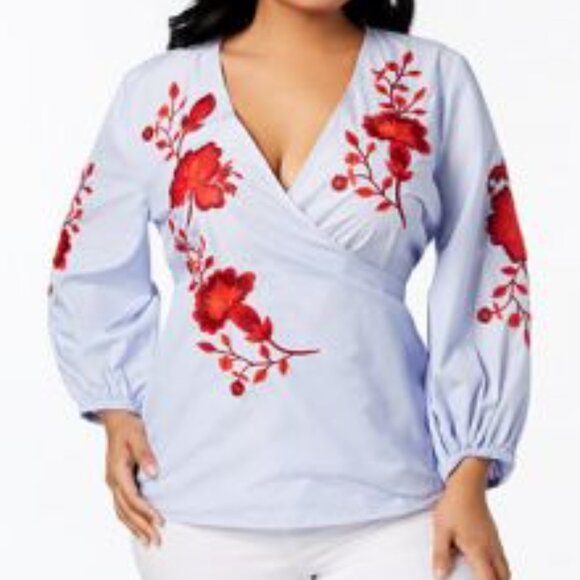 INC Macy's Blue and Red Embroidered Wrap Top - 1X - New with tags! - Picture 1 of 9
